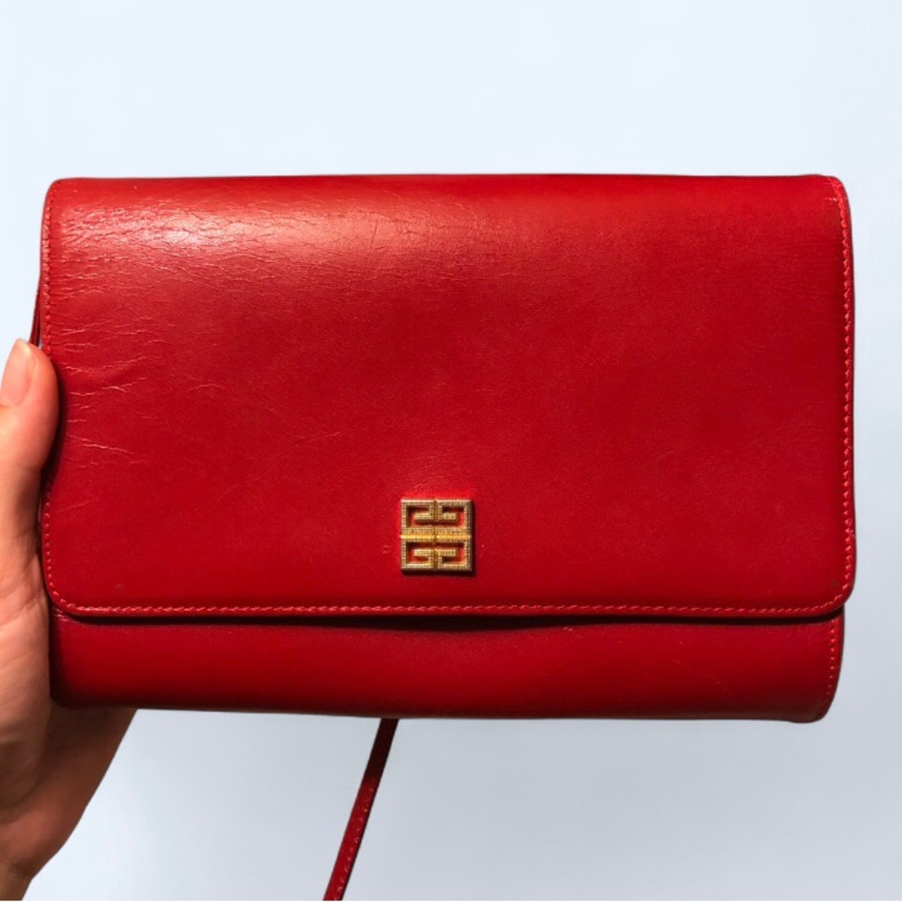 Red Leather Givenchy Crossbody Clutch with Gold Logo Accent